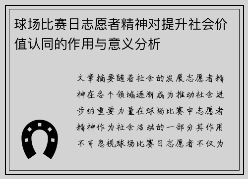 球场比赛日志愿者精神对提升社会价值认同的作用与意义分析